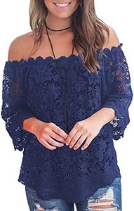 MIHOLL Women's Lace Off Shoulder Tops Casual Loose Blouse Shirts (Navy Blue, Medium)