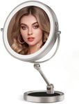 Rocollos Tabletop Makeup Mirror with Built-in Vanity Tray, 9" Rechargeable 4000mAh Lighted Vanity Mirror 1X/10X Magnification, Height-Adjustable Arm, 3 Color Dimmable (9Inch Nickel)