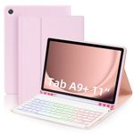 EAMPANG Case with Keyboard for Samsung Galaxy Tab A9 Plus 11 inch (SM-X210/X216/X218),7 Color Rainbow Backlight Detachable Keyboard Magnetic Case with Pen Slot for Tablet A9+ 5G Pink