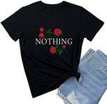 BLACKMYTH Women Summer Nothing Rose Print Short Sleeve Top Tee Graphic Cute T-Shirt Black Large