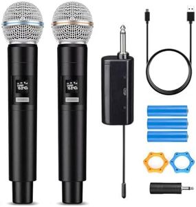 Wireless Microphone System for 2 People, 2.4G Dual Handheld Cordless Metal Dynamic Mic System with Rechargeable Receiver, for Karaoke Singing, Wedding, DJ, Party, Speech, Church, Class Use, 160ft