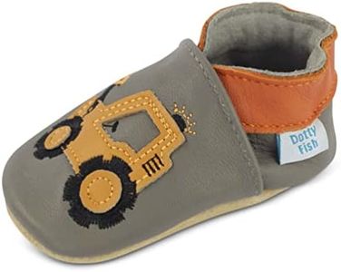 Dotty Fish Soft Sole Leather Baby Shoes Boys pre-Walkers. Grey with Yellow Digger. 2-3 Years.