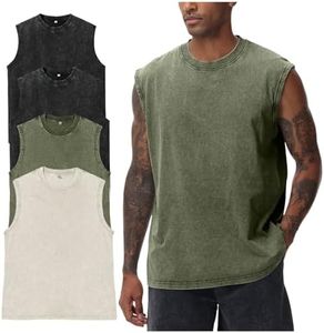Yimoon Sleeveless Shirts for Men Workout Tank Tops Cotton Acid Wash Muscle Shirts Baggy Gym Tees(BlackBlackArmyBeige-S)