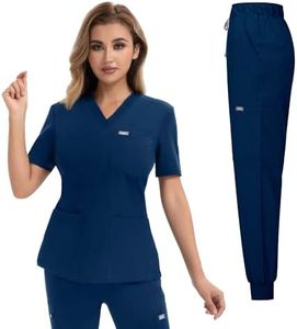 YEZEX Women's Medical Scrub Set, V-Neck Top & Jogger Pants, 10 Pockets, Navy Blue