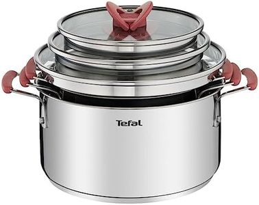Tefal OptiSpace - Juego de 3 Ollas+ 3 tapas: Ollas de 18, 20 y 24 cm de acero inoxidable, 3 tapas planas, asas antideslizante toque frío, marcas de medida, todo tipo de cocinas