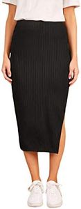 WDIRARA Women's High Waist Ribbed Knit Split Side Solid Casual Midi Skirt Black S