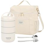 Voova Stackable Stainless Steel Thermal Lunch Box with Lunch Bag and Cultery Set for Kids Adult Women Men, 3 Tier Leakproof All-in-One Insulated Bento Boxes Food Container for Work School, Beige