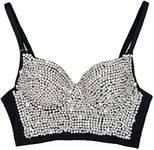 ELLACCI Women's Rhinestone Diamond Push up Bustier Crop Top Sexy Punk Corset Bra Black, Black, Medium