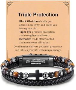 Mens Cross Bracelet Gifts for Him - Triple Protection Hematite Black Obsidian Tiger Eye Rosary Beads Leather Bracelets, Bible Verse Religious Christian Jewelry Gift for Boyfriend ,Philippians 4 13