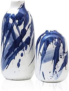 TERESA'S COLLECTIONS Modern Ceramic Vase Set for Home Decor, Navy Blue and White Vases for Flowers, Decorative Vases for Table Centerpieces, Mantel, Shelf, Living Room -Set of 2, 7.2″ & 11.4″
