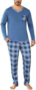 Aseniza Pijama Hombre Invierno Pijamas de Algodón de Manga Larga Conjunto de 2 Pijamas con Cuello en V y Pantalones a Cuadros con Bolsillos