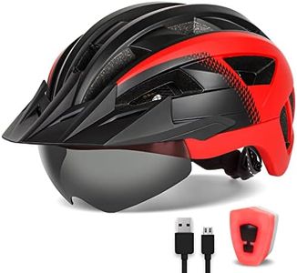 FUNWICT Adult Bike Helmet with Visor and Goggles for Men Women Mountain Road Bicycle Helmet Rechargeable Rear Light Cycling Helmet (M: 54-58 cm (21.3-22.8 inches), Black Red)