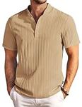 COOFANDY Mens Short Sleeve Henley Shirts Casual Summer Band Collar Beach Textured Shirt for Men Khaki XXL