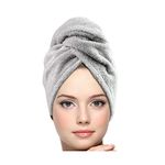 KEEPOZ Hair Towel Wrap Quick Dry 100% Cotton Super Absorbent Turban Head Wrap for Women with Button, Non Microfiber Anti Frizz Hair Products, Hair Cap for Curly, Long & Thick Hair (1pc) (Grey)