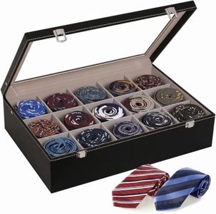 Malupu 15 Slots Tie Organizer for Drawer, Luxury Tie Storage with Glass Lid,Lockable Jewelry,Anime Figure,Dresser Storage Box, Elegant Gift for Women or Men,Black