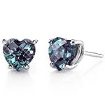 Peora Created Alexandrite Heart Stud Earrings for Women 14K White Gold, Color-Changing Classic Solitaire Studs, 2 Carats total Heart Shape 6mm, Friction Back