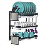 uyoyous 3 Tier Dish Drainer Dish Drying Rack Wall Mounted Dish Drainer Stainless Steel Dish Rack with Chopping Board Holder Cutlery Basket - Black