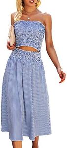 Angashion Women's Floral Crop Top Maxi Skirts Set 2 Piece Outfit Dress 2133 Navy Blue Striped L