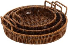 Ferraycle 3 Pcs Rattan Serving Tray with Handles Woven Wicker Tray Round Shallow Rattan Basket Fruit Tray Decor for Serving(Dark Brown)