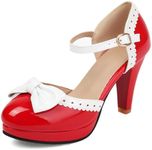 ForeMode Fashion Women T-Strap High Heels Bow Platform Round Toe Pumps Leather Summer Lolita Sweet Shoes (8.5, red2)