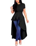 Lrady Women Ruffle High Low Asymmetrical Short Sleeve Peplum Tops Blouse Shirt Dress Black XXL