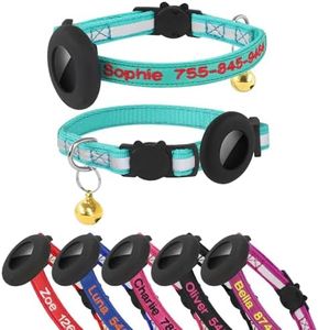 Collier pour chat Airtag, collier d'identification personnalisé en nylon brodé avec nom d'animal de compagnie et numéro de téléphone avec étui de support étanche Airtag et cloche (avec étui de