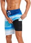 difficort Mens Swim Trunks with Compression Liner Quick Dry Bathing Suits Shorts with Zipper Pockets,Blue & White Stripe,Medium