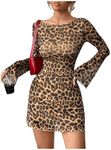 MakeMeChic Women's Leopard Print Dress Y2k Backless Mesh Bell Sleeve Mini Cheetah Print Dress Brown Large