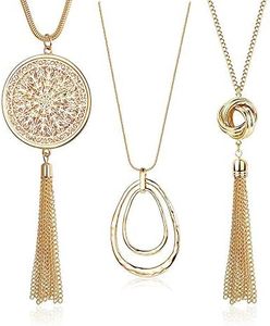 SEVENSTONE 3PCS Long Pendant Necklaces for Women Knot Disk Circle Tassel Statement Sweater Gold Necklace Set
