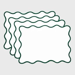 Solino Home Scallop Placemats Set of 4-100% Pure Linen Christmas Green and White Placemats 14 x 19 Inch - Giselle Scallop Edge, Handcrafted and Machine Washable