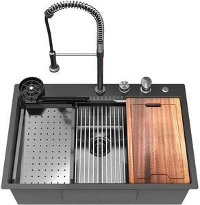 Feibus 33-Inch Waterfall Kitchen Sink - Metallic Black 33x22 Drop-In With Faucet Combo, Double Step Workstation, 16 Gauge Stainless Steel Single Bowl