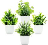 Auolen 4Pcs Small Pack Fake Plants in Pots Artificial Eucalyptus Plant Mini Potted Faux Plants Indoor Small Plastic Lavender in Pots for Table Desk Bathroom Bedroom Office Home Farmhouse Decor