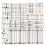 Oveta 55-150PCS Body Piercing Jewelry Lot 14G 16G 20G Stainless Steel Nose Lip Tongue Cartilage Tragus Eyebrow Industrial Barbell Belly Button Rings Piercing Kit Jewelry, Stainless Steel, stainless