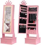 GarveeHome Kids Jewelry Armoire, Child Jewelry Cabinet with Led Light, Freestanding Jewelry Organizer with Full-Length Mirror, 3 Storage Drawers, Kids Vanity Dress Up Mirror Jewelry Cabinet for Girls