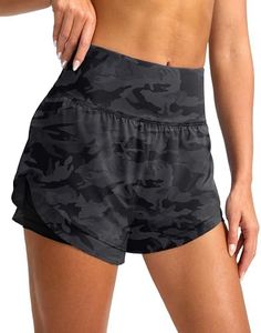 SANTINY Women's 2 in 1 Running Shorts with Pockets 3" High Waisted Exercise Workout Athletic Shorts for Women with Liner, Grey Camo, Medium