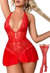 Rayson Women's Lingerie Set with Stockings Dress Lace V Neck Babydoll Underwear Pyjamas Lingerie, red, One size