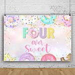 4th Donut Birthday Backdrop Four Ever Sweet Donut Birthday Party Decoration Background Toddler Girl 4th Birthday Party Banner Supplies 7x5ft