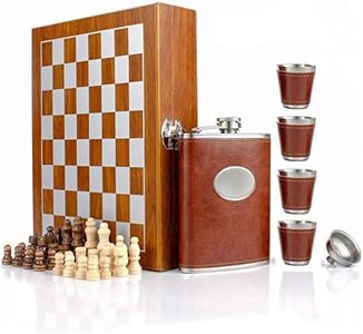 GENNISSY 9.4" Wooden Chess 8OZ Brown Leather Hip Flask Set - Stainless Steel Flasks with Funnel and 4 Cups Gift Box