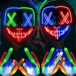 Halloween Mask Skeleton Gloves Set, Halloween Costumes for Men Women Boys Girls, 3 Modes LED Light Up Mask with Glow Gloves