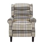 Home Detail Tartan Arm Chair Recliner in Beige or Grey Fabric, Living Room Chairs or Bedroom Chairs with Manual Reclining Function, High Back, Wing Back, Padded Armrests (Beige)