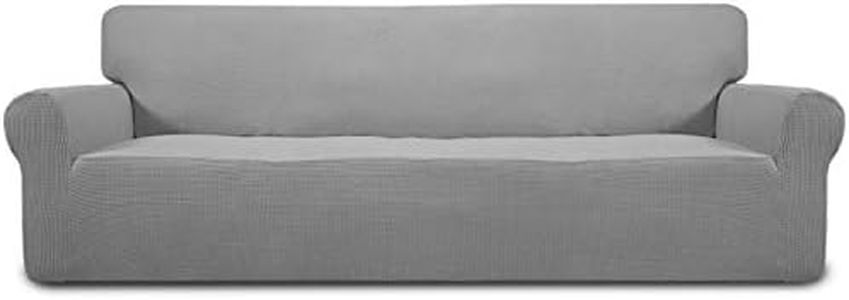 Easy-Going Stretch 4 Seater Sofa Slipcover 1-Piece Sofa Cover Furniture Protector Couch Soft with Elastic Bottom for Kids, Polyester Spandex Jacquard Fabric Small Checks Light Gray