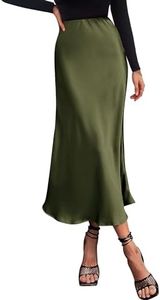 BTFBM 2025 Women Long Satin Summer Fall Skirt Silk Elegant High Waist Cocktail Party Wedding Flared A-Line Midi Skirts(Solid Light Army Green, Medium)