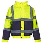 Hi Viz Bomber Jacket Two Tone Reflective Tape Waterproof Quilted Work Jacket Coat High Vis Visibility Safety Workwear Security Road Works Concealed Hood Fluorescent Flashing Top (Yellow/Navy, M)