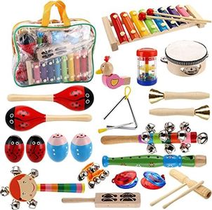 Yopay 22 Pieces Kids Musical Instruments, Kids Wooden Percussion Instruments Toys, Rhythm Music Education Toys Set for Preschool Educational Early Learning, 15 Types