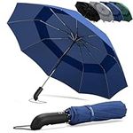 Umbrella Windproof Compact - Strong Storm Proof Frame + Auto Open Close | Women Mens Lightweight Small Travel Folding Golf Brolly + Double Canopy, Ergonomic Handle | Water Resistant Teflon Blue