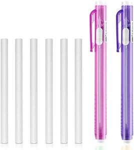 TIESOME Pen-Style Erasers, 2 Pcs Retractable Mechanical Eraser Pens with 6 Pcs Replacement Eraser Refills Eraser Mechanical Eraser, Click Stick Erasers for Drawing Sketching Drafting (Pink, Purple)