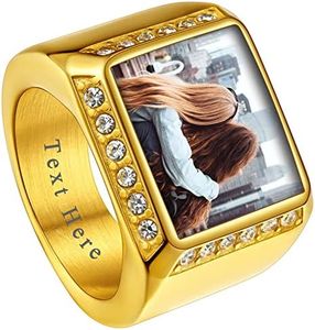 ChainsHouse Gold Personalized Cubic Zirconia Signet Ring Engraving Picture Custom Photo for Men Women Memorial Stainless Steel Jewelry, Size 13