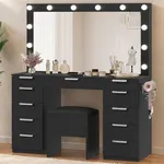 YITAHOME Dextrus Vanity Desk Set with Mirror, 3-Mode Lights, Charging Station, 11 Drawers and Bench