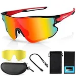 Odoland Polarized Cycling Glasses, Sports Sunglasses UV 400 with Replaceable Night Vision Lenses for Bike, Fishing, Running, Men, Women and Youth, Red