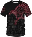 ENLACHIC Men's Vikings T Shirt Tops Novelty 3D Print Norse Mythology Pullover Tee,Red Odin's Raven,XL